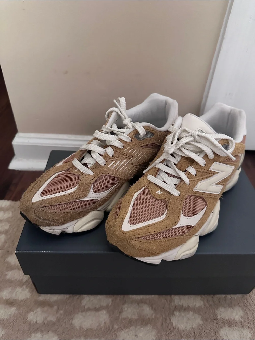 New Balance 9060 Women's Beige Suede and Beige Mesh Sneakers - Picture 2 of 8